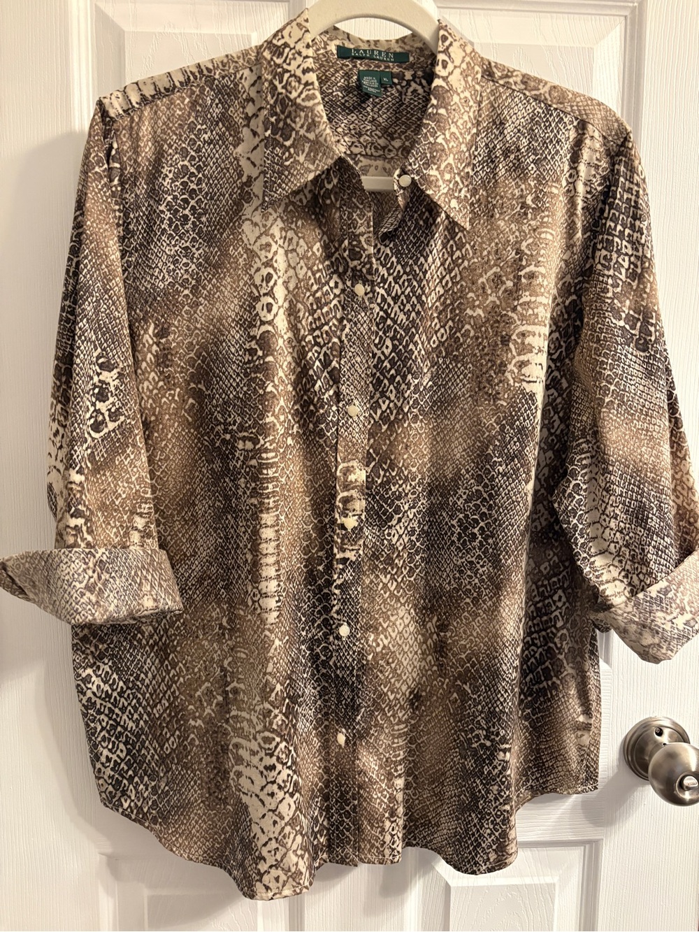Lauren Ralph Lauren Brown and Cream Snake-Print Button-Down Shirt #0340 - Picture 2 of 7